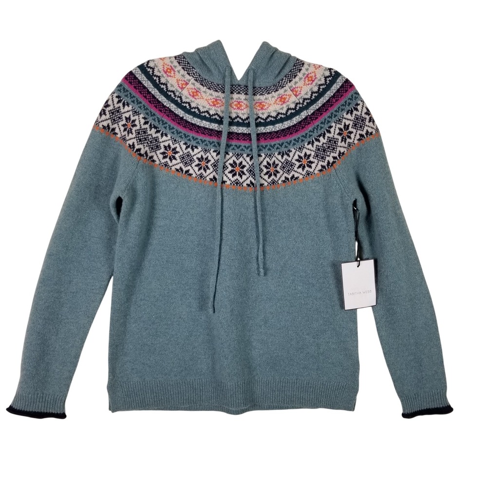 Tabitha Webb Hoodie Sweater Women S Teal Fair Isle Wool Blend Pullover 75343
